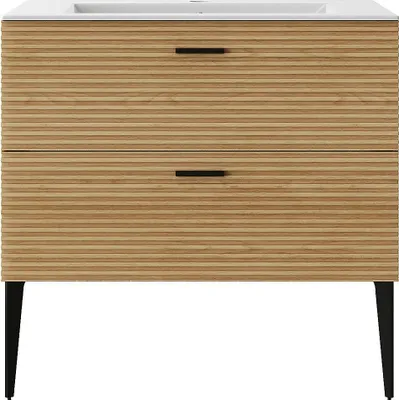 Produktbild von Badezimmerschrank auf Füßen mit integriertem Waschbecken, gestreift - 2 Schubladen - Helles Naturholz - 80 cm - SARONE