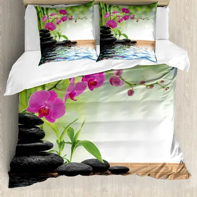 Immagine prodotto di Set copripiumino ABAKUHAUS Spa, composizione bambù tappetino da pavimento orchidea pietre benessere, 155 x 220 cm + 80 x 80 cm, grigio antracite verde lime