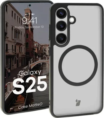 Produktbild von Bizon Case MatteO Magnetische Ringhülle für Galaxy S25, halbtransparent mit schwarzem Rahmen
