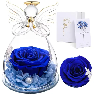 Image de Rose éternelle, cloche en verre, fleurs conservées, fait main, couleur bleue, cadeau pour femmes, maman, grand-mère