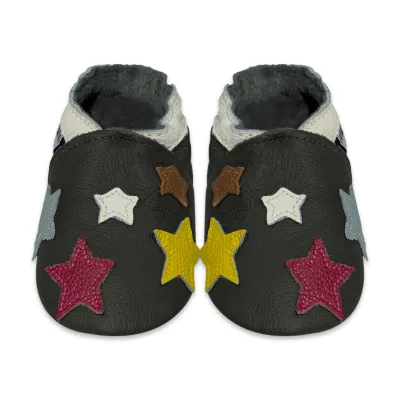 Produktbild von MEJALE® Baby Krabbelschuhe aus Echtleder, weiche Lauflernschuhe für Mädchen & Jungen, rutschfeste Ledersohle, Grau, Sternmotiv, Größe L (12–18 Monate)