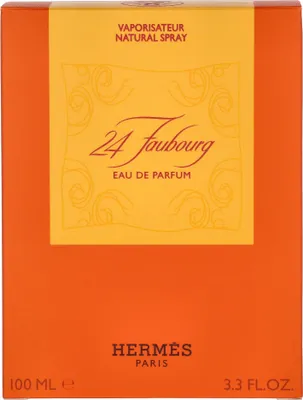 The image shows the front of an orange and yellow perfume box for Hermès 24 Faubourg Eau de Parfum.