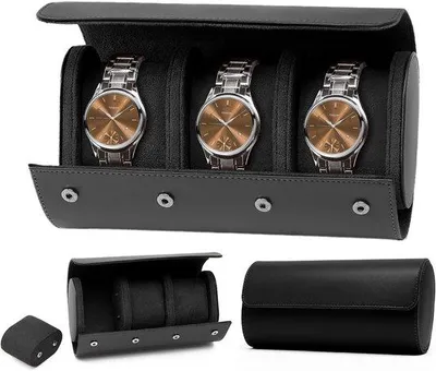 Productafbeelding van Horlogebox van Polyurethanleer - Voor 3 horloges - Zwart - Draagbaar