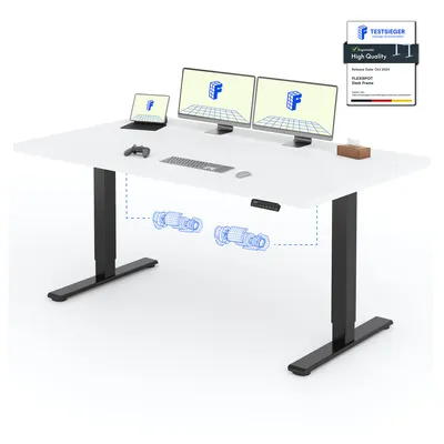 A white standing desk with dual monitors, a laptop, keyboard, mouse, and controller shown on top. Blue wireframe diagrams illustrate the desk's lifting mechanism.