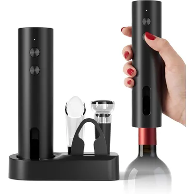 Productafbeelding van Elektrische wijnopener set 5-in-1 met oplaadstation, foliecutter, schenktuit en vacuümstopper – Accu-kurkentrekker voor feestjes en als cadeau