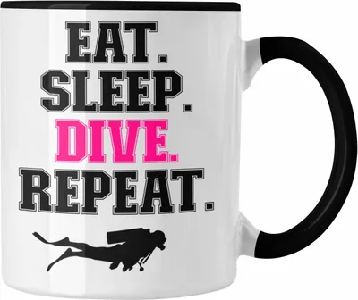 Produktbild von Trendation - Taucher Tasse Geschenk Kaffeetasse Tauchen Geschenkidee Männer Eat Sleep Tauchen Grafik Tauchlehrer Tauchsportler Becher (Schwarz)
