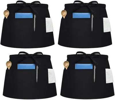 Produktbild von Ibenzoa® 4er-Set Unisex-Taillenschürzen, Schwarz, 60 x 30 cm, 3 Vordertaschen, 115 cm Taillenbänder, Baumwoll-Polyester, für Küche & Gastronomie