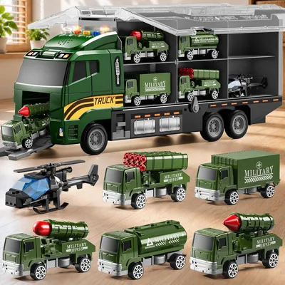 Produktbild von Spielzeug-Militärlastwagen Set - Mit Geräusch und Licht - 6 Mini-Fahrzeuge - Verkehrsschilder - Ab 3 Jahren