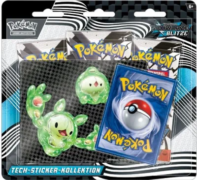 A product package for Pokemon Tech-Sticker-Kollektion, featuring Pokemon characters and a Pokemon card.