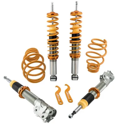 Obrázek produktu pro Sada podvozku Coilover – nastavitelný podvozek pro SEAT Ibiza II 6K1 a VW Polo 6N/6N2 – výškově nastavitelné snížení – olejové tlumiče – hliník/ocel