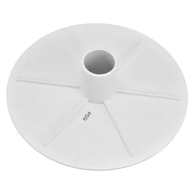 A white circular pool skimmer vacuum plate with a central tube and radiating lines.