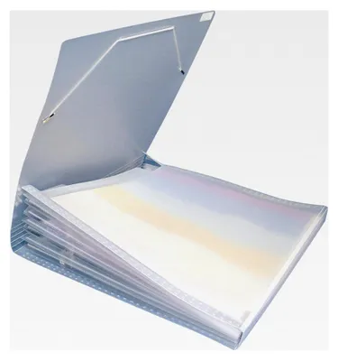 Produktbild von Fächertasche für Scrapbooking-Papiere, 33 x 33,5 cm, 7 Fächer, transparenter Kunststoff, Gummibandverschluss