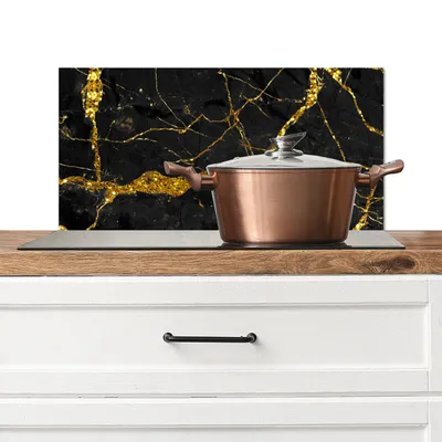 Produktbild von KitchenYeah®  Spritzschutz Küche - Küchenrückwand - Wandschutz für Herd und Spüle - Marmor - Gold - Schwarz - Marmoroptik - Luxus - Glitzer 70x30 - Alu-Dibond (Alternative zum Spritzschutz aus Glas) -