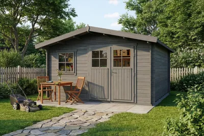 Produktbild von Gartenhaus Valeria-28 mit Fußboden aus Holz, Gerätehaus 438x427, 14,3 m², 28 mm Wandstärke - Imprägnierung Grau