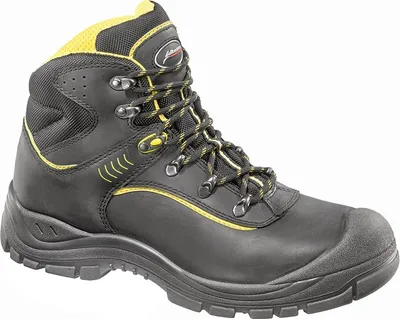 A black and yellow work boot is shown against a white background.