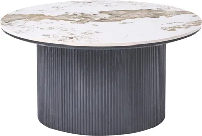 Produktbild von BELIANI Couchtisch Weiß u. Schwarz Keramik Tischplatte in Marmor Optik Rund ⌀ 80 cm mit Standfuß Rillenstruktur Moderner Wohnzimmertisch Sofatisch