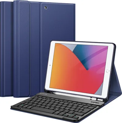 Produktbild von Fintie Tastatur Hülle für iPad 10.2 Zoll (9/8/ 7 Generation - 2021/2020/2019), Schutzhülle mit TPU Rückschale, Pencil Halter und magnetisch abnehmbarer Tastatur mit QWERTZ Layout, Marineblau