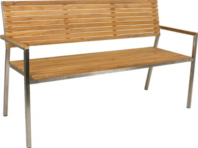 A product shot of a three-seater bench with a wooden seat and backrest, and a metal frame.