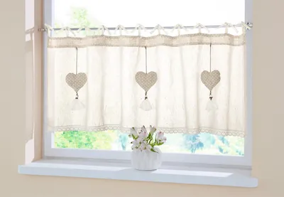 Produktbild von Fenstervorhang "Herzhänger" 45x140 cm, creme, mit Häkelborte, Scheibengardine, Bistrogardine