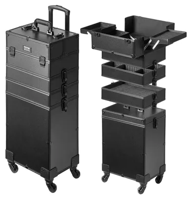 Produktbild von VEVOR 5 in 1 Professioneller Make-up-Koffer Aluminium Kosmetikkoffer, Rollender Make-up-Koffer Extra großer Trolley Make-up Reiseorganizer, mit 360° schwenkbaren Rädern & verstellbarem Ziehgriff, Schwarz, Hebeltyp, 5 in 1