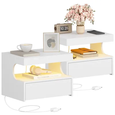 Immagine prodotto di Set di 2 comodini sospesi con LED, mensole a muro sospese, legno , 1 cassetto