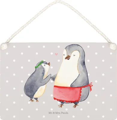 Produktbild von Mr. & Mrs. Panda Schild Pinguin mit Kind DIN A5 - Grau Pastell - Geschenk, Muttertag, Familie, Deko Wandtafel, Holzschild, Mama, Türschild, holzbild, Vorbild