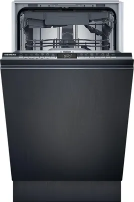 A front view of a fully integrated Siemens dishwasher with the door open, revealing the interior racks and control panel.