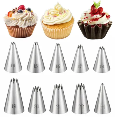 Produktbild von Spritzbeutel Tüllen Set 10 Stück Edelstahl Lochtülle Sterntülle Rundtüllen Größen 14-24 Silber