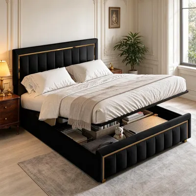 Produktbild von INONEFT Polsterbett 160x200 mit Stauraum, Doppelbett mit Hydraulisches Bettkasten und Verstellbares Kopfteil, Boxspringbett Jugendbett, Samt, Schwarz