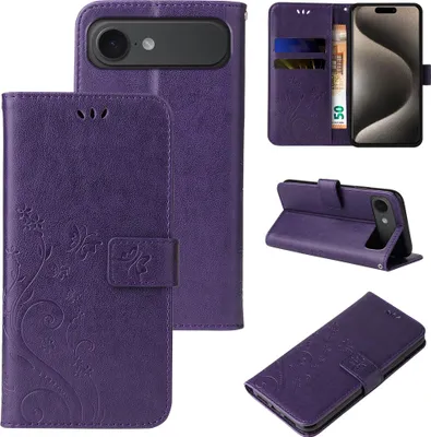 Produktbild von Handyhülle für Apple iPhone 17 Air Floral Blumen Schmetterling Flip Cover Hülle Case Klapphülle Handytasche Farbe: Violett