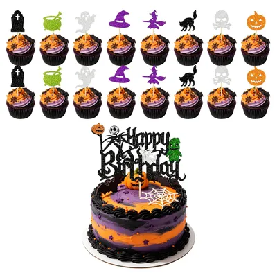 Cupcake-Topper Halloween, 16 Stück + 1 Happy-Birthday-Deko