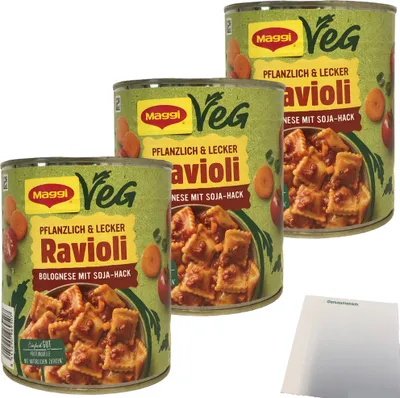 Produktbild von Maggi Ravioli Bolognese mit Soja-Hack vegan 3er Pack (3x800g Dose) + usy Block