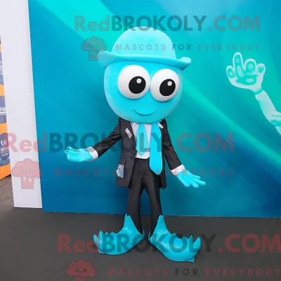 Produktbild von Cyan REDBROKOLY Squid Maskottchen Kostüm Figur bekleidet mit Blazer und Fußkettchen