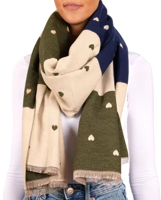 Produktbild von BRUBAKER Cashmirillo Damen Schal mit Herz Muster - 70 x 200 cm - Warm, Kuschelig und Oversized - Wollschal Winterschal, Blau Oliv und Beige