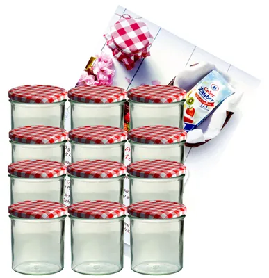 Obrázek produktu pro sada 12 zavařovacích sklenic 350 ml zavařovací sklenice do 82 červených kostkovaných víček