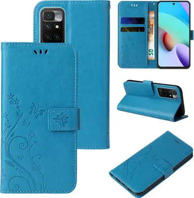 Produktbild von Handyhülle für Xiaomi Redmi 10 Floral Blumen Schmetterling Flip Cover Hülle Case Klapphülle Handytasche Farbe: Blau