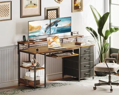 Productafbeelding van Ibenzoa® Bureau met 2 USB-poorten en 2 stopcontacten – ruim genoeg voor thuiswerken en gaming, uitschuifbaar toetsenbordgedeelte, 4 stoffen lades, verstelbare planken, metalen frame, waterafstotende tafelblad