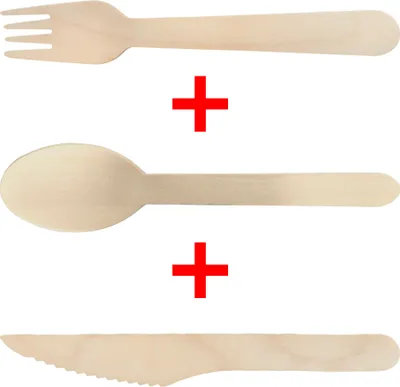Produktbild von Set 100 Holzgabel + 100 Holzmesser + 100 Holzlöffel 16cm braun holz / Einweg Besteck