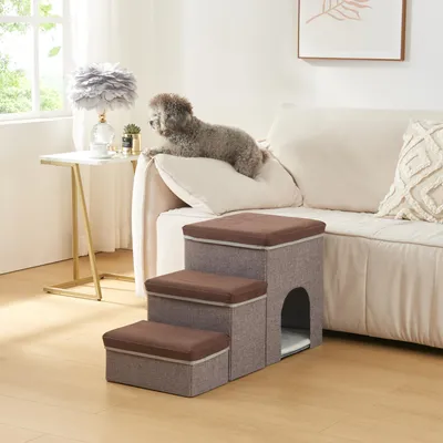 Produktbild von Haustiertreppe 'Vojens' mit Stauraum und Höhle 3 Stufen 76 x 33 x 43 cm faltbar Braun/Grau