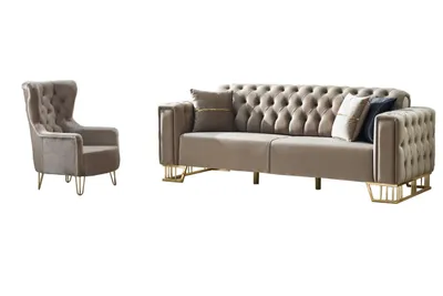 Produktbild von Villa Möbel Sofa Set Royce Beige Taupe Stellvariante:2+1 Relax- und Bettfunktion, pflegeleichter Mikrofaser Samtstoff