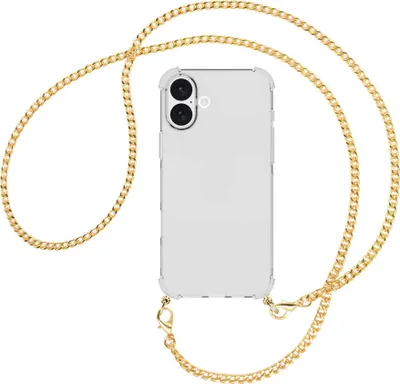 Produktbild von Handykette Backcover-Schutzhülle mit Band (Metall goldfarben) für iPhone 16 Plus - goldfarbene Kette