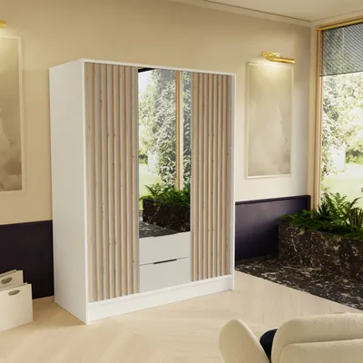 Image de BEAUTYSOFA armoire NORI 150 cm - armoire moderne avec lattes, tiroirs et miroir (blanc)