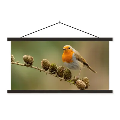 Produktbild von MuchoWow® Textilposter Vogel - Rotkehlchen - Tannenzapfen - Zweig - Herbst 90x45 cm mit schwarzem Rahmen - Klemmleisten