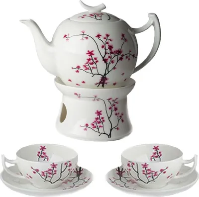 Produktbild von Dekomiro Teeservice Cherry Blossom TeaLogic Tekanne 1L mit 2 Teetassen mit Untertasse 0,18 l und passendem Stövchen