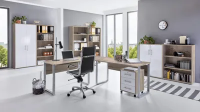 Produktbild von Büromöbel-Set TABOR PRO 7 in Eiche Sonoma / weiß Hochglanz, Arbeitszimmer Komplett-Set