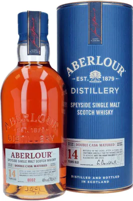 A bottle of Aberlour 14 Years Double Cask Matured Scotch Whisky and its cylindrical packaging.