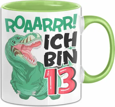 Produktbild von 13. Geburtstag Geschenk Tasse Becher Jungs Dino T-Rex Roaarrr Ich Bin 13 Teenager (Grün)