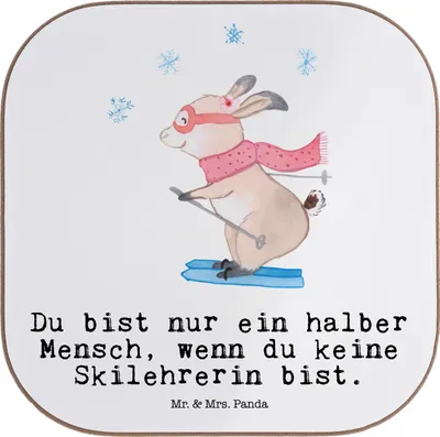 Produktbild von Mr. & Mrs. Panda Untersetzer Tasse Skilehrerin Herz - Weiß - Geschenk, Holzuntersetzer, Gläser, Tassenuntersetzer, gläseruntersetzer, Coaster, für