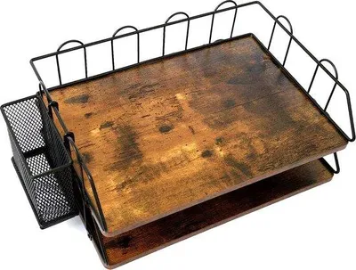 Produktbild von Famanu Briefablage - Stapelbarer Büro-Organizer mit 2 Fächern - Dokumentenhalter - Holz-Papierhalter mit Stiftehalter für A4-Papier
