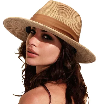 Produktbild von Damen Panama Hut Breiter Krempe Stroh Sommer Fedora Rollbar UV Sonnenhut UPF 50+ Braun M